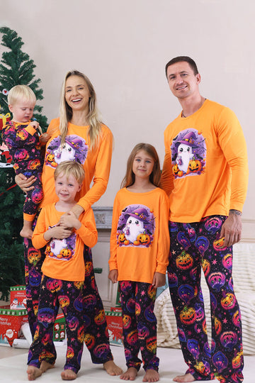 Pyjama d’Halloween familial à manches longues imprimé orange